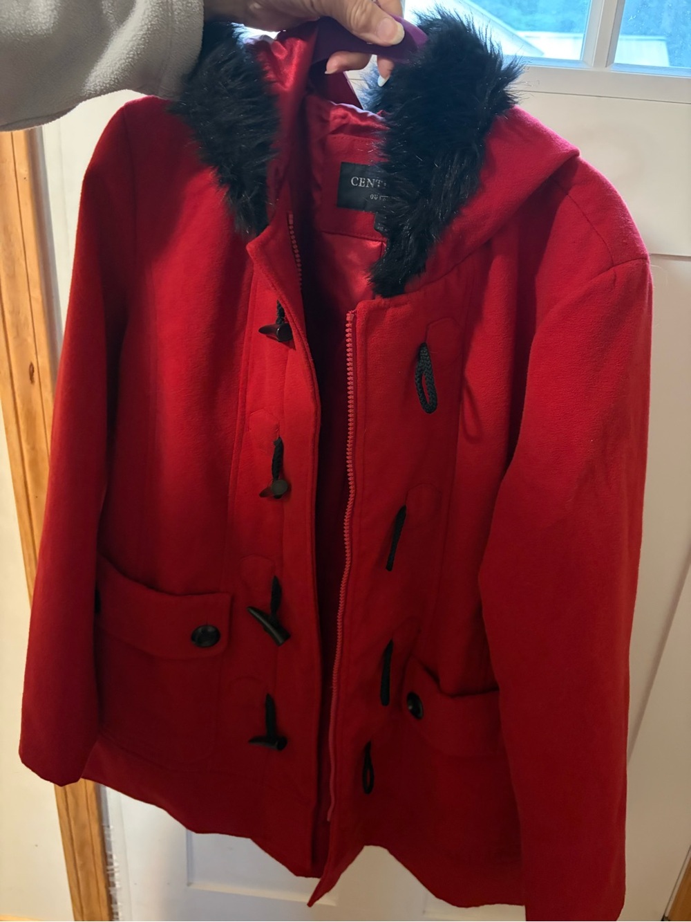 Vintage Red Wool-Blend Toggle Pea Coat with Faux Fur Trim